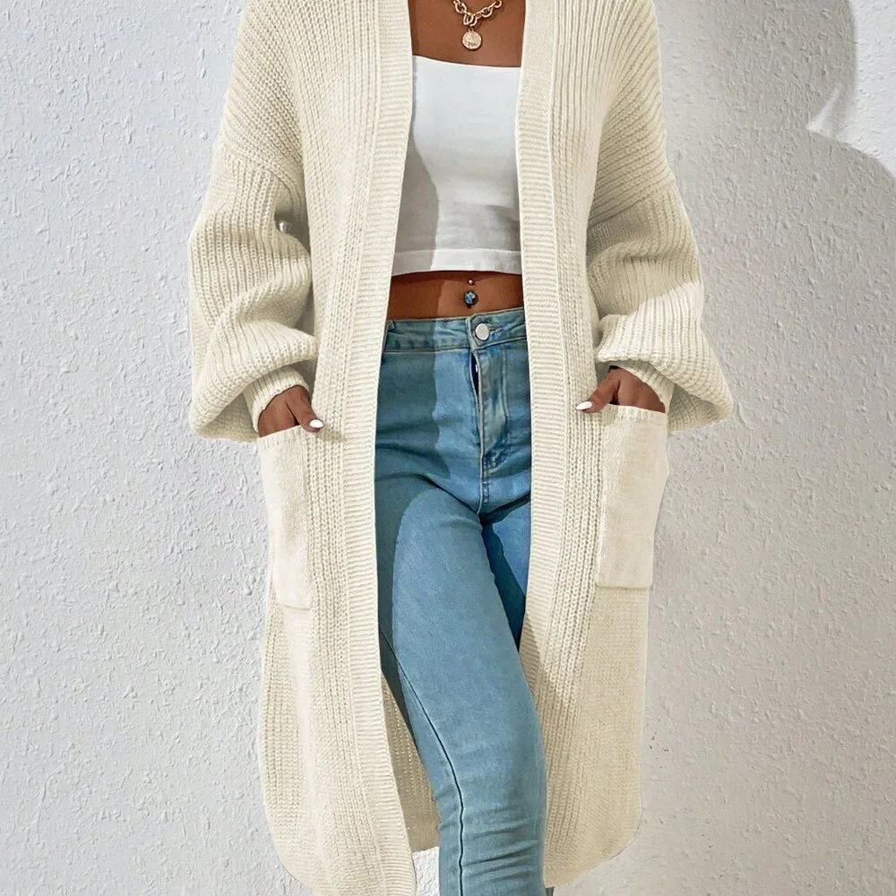 Beige Casual Women's Dual Pocket Drop Shoulder Open Front Cardigan